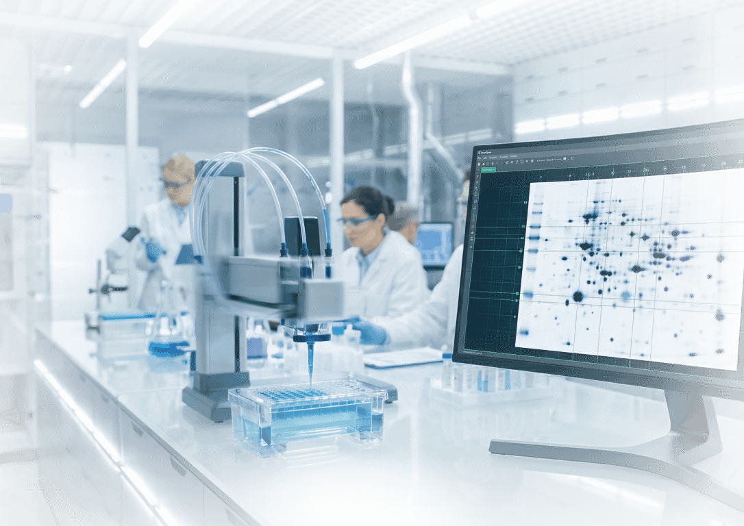 Scientists analyzing 2D-PAGE gel data using SameSpots software on laboratory computer monitor showing spot detection and gel analysis interface
