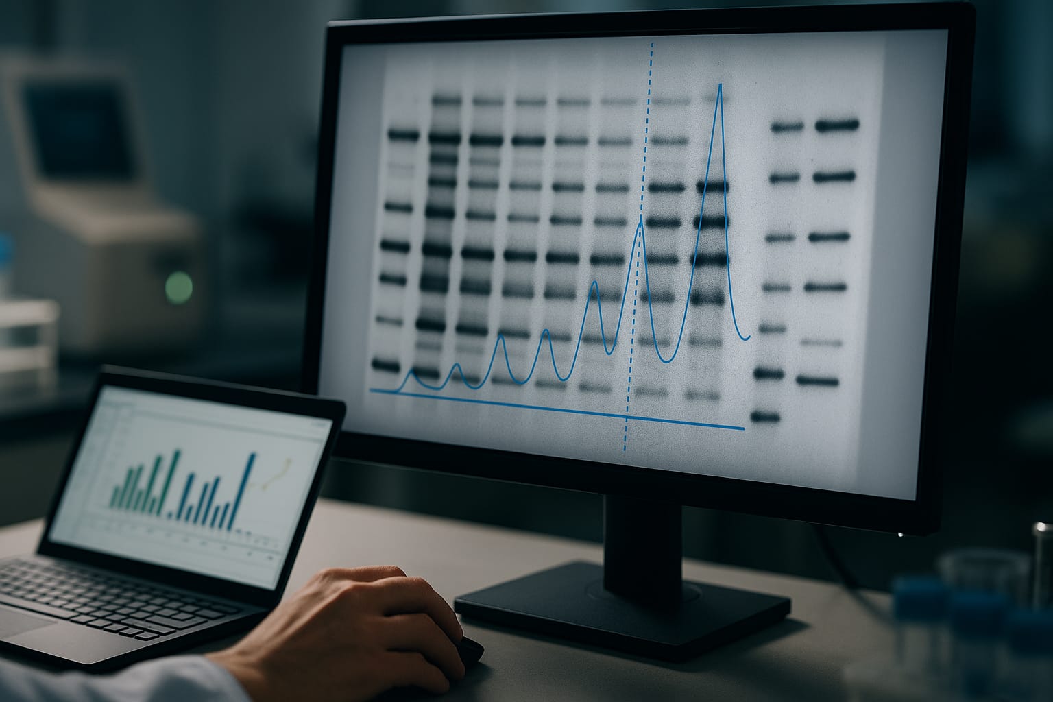 Scientist analysing western blot bands and densitometry profile using gel analysis software on a desktop monitor