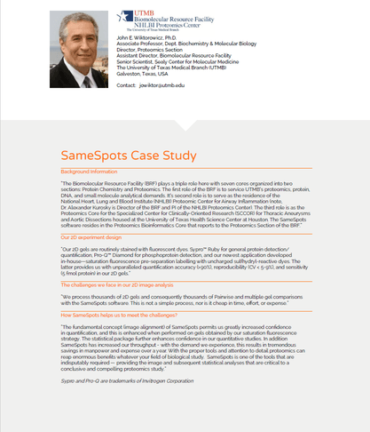 SameSpots case study document: Biomolecular Resource Facility NHLBI Proteomics Center - University of Texas Medical Branch demonstrating 2D gel analysis workflow optimization