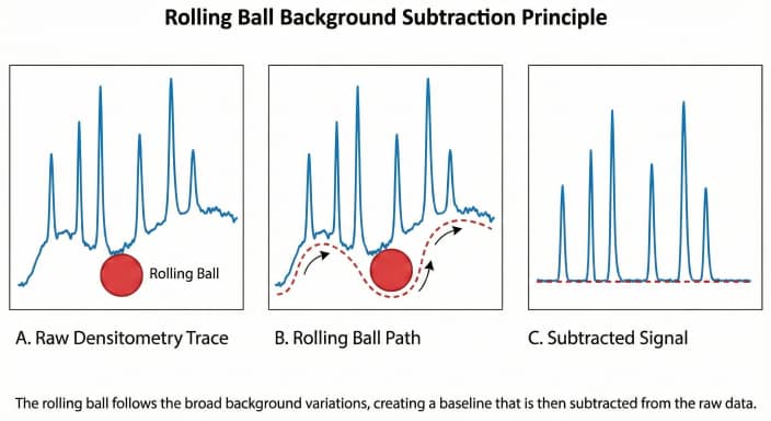 Diagram illustrating the rolling ball background subtraction principle in 1D gel analysis, showing a red sphere mapping the baseline of a raw densitometry trace to isolate the true protein signal